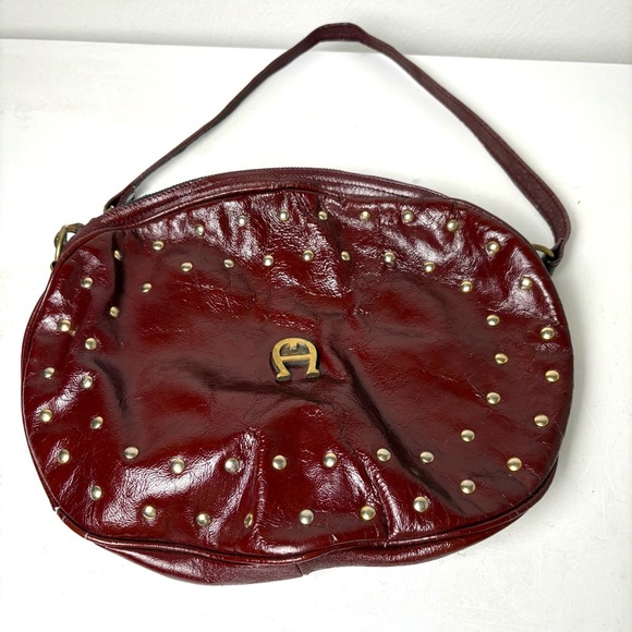 ETIENNE AIGNER Vintage Oxblood Studded Patent Leather Big Logo Bag Purse *Flaws* - Picture 14 of 16